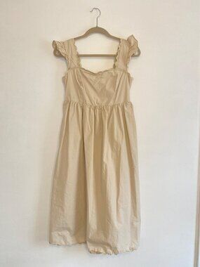 Listicle Beige Midi Dress With Ruffle Straps Smocked Back, Pockets Size M